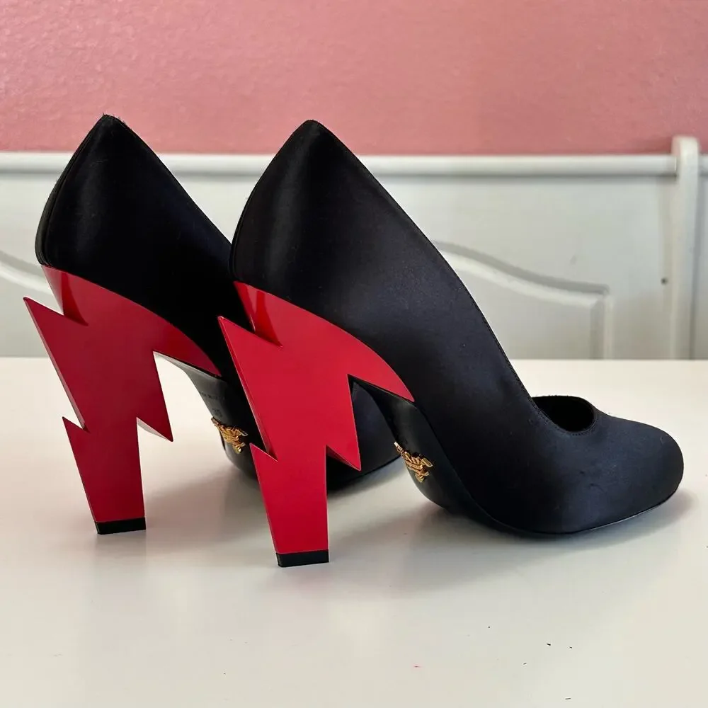 PRADA Lightning cloth heels black satin red heel pumps size 39 EUC - Picture 2 of 11